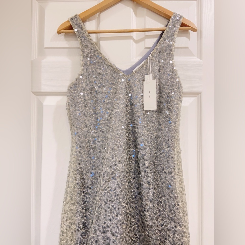 NWT $595 Vince Sequined Metallic Lace Midi Dress - Silver - Picture 7 of 11